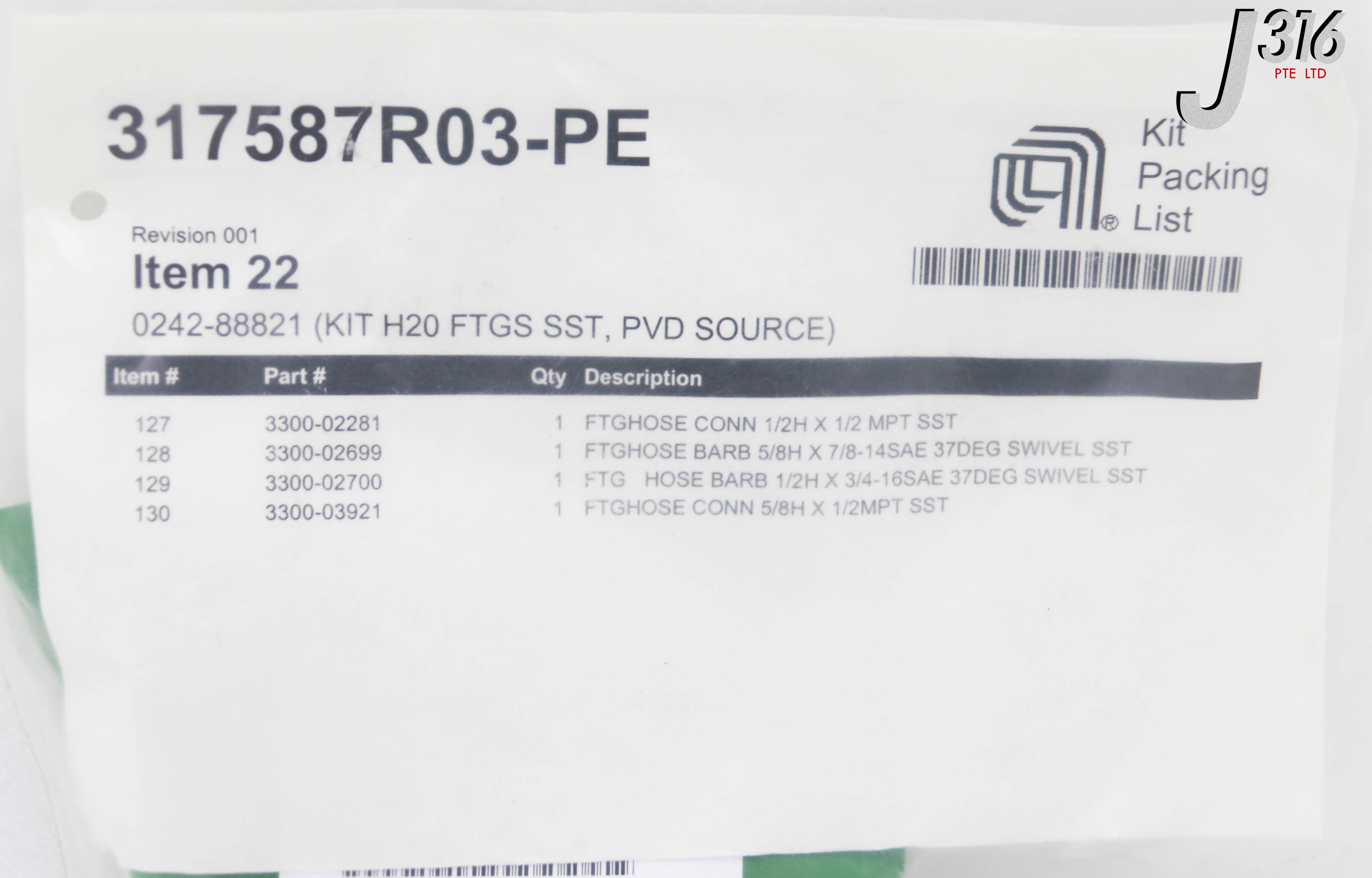 C3213 APPLIED MATERIALS KIT H20 FTGS SST, PVD SOURCE (NEW) 0242